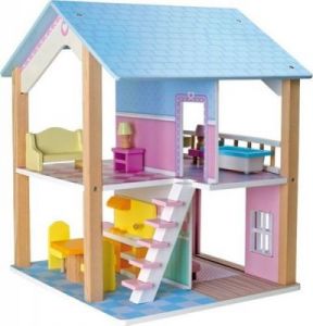 Drewniany domek dla lalek z niebieskim dachem - zabawka dla dzieci