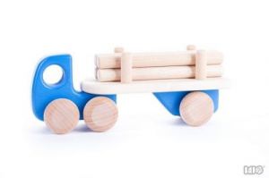 Ciężarówka drewniana z belkami niebieska - zabawka dla dzieci