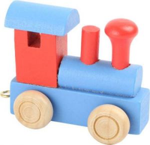 Lokomotywa drewniana do pociągów z literkami - czerwono-niebieska