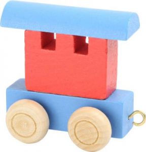 Wagonik drewniany do pociągów z literkami - czerwono-niebieski