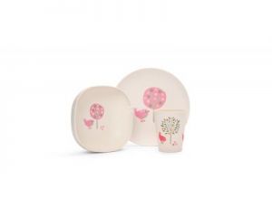 Bambusowe naczynia dla dziecka różowe w ptaszki