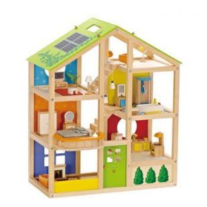 Drewniany domek dla lalek z wyposażeniem