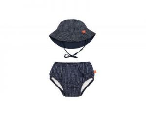 Lassig, Zestaw kapelusz i majteczki do pływania z wkładką chłonną Polka Dots navy UV 50+ 6mc