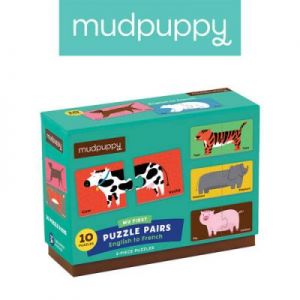 Mudpuppy - Dwujęzyczne puzzle ze zwierzątkami do nauki pierwszych słów Angielski/Francuski 2+