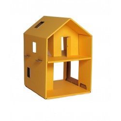 Żółty tekturowy domek dla lalek