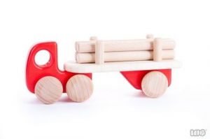 Ciężarówka drewniana z belkami czerwona - zabawka dla dzieci