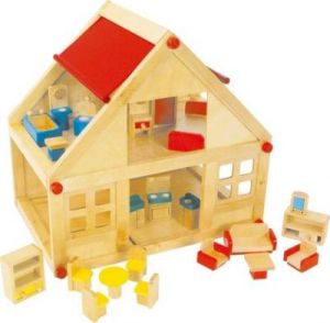 Domek drewniany dla lalek z mebelkami