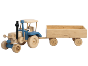 Drewniany traktor z przyczepą