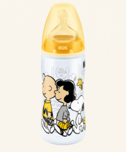 Butelka NUK First Choice Plus Snoopy z tworzywa (PP) 300 ml ze smoczkiem silikonowym - 6-18 m - żółt